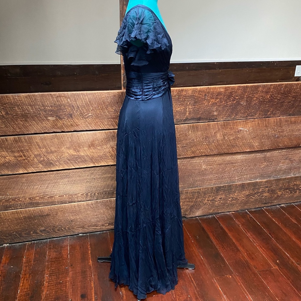 Caché Luxe Full Length Silk Gown w/ Flutter Sleeves & Brooch - Picture 5 of 16
